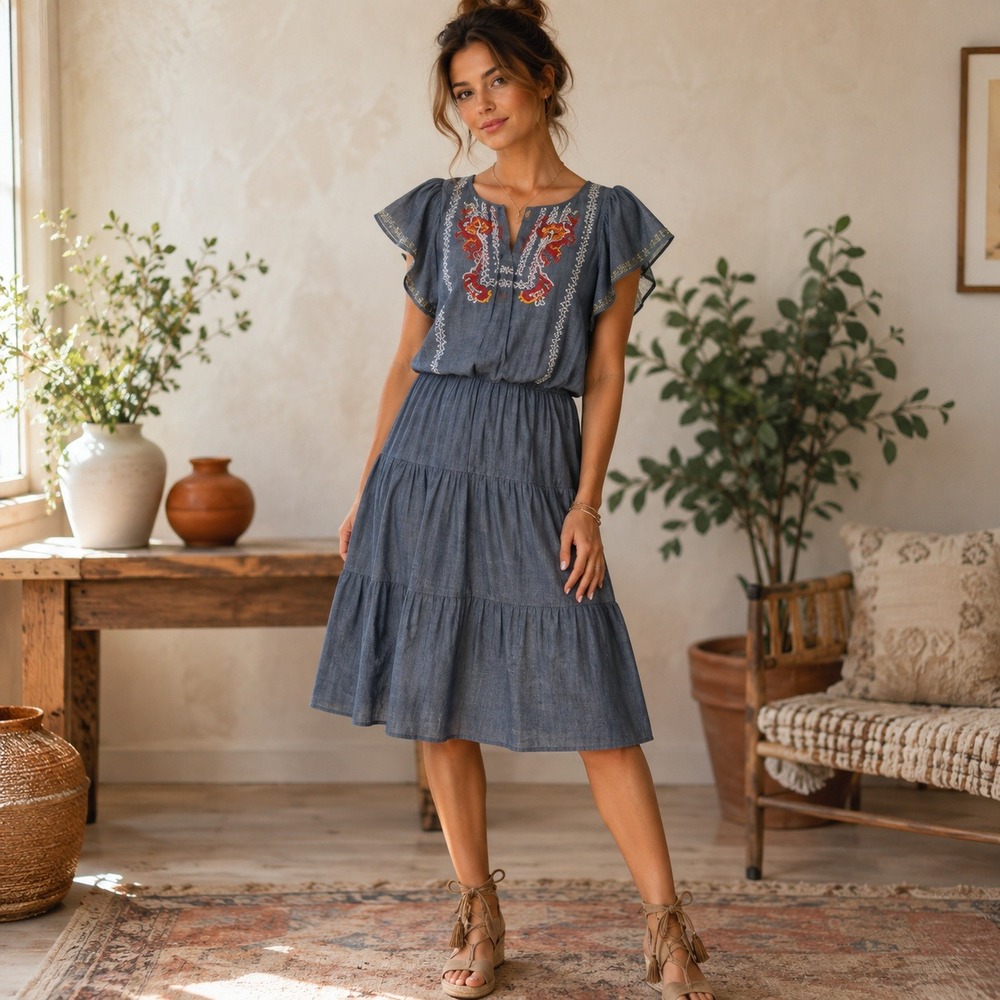 eShakti Dress Womens 0‎ Blue Boho Embroidered Peasant Cottagecore Chambray